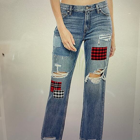 NWT KanCan Nonstretch High Rise Plaid Patch Ripped Boyfriend Jeans - Picture 1 of 11